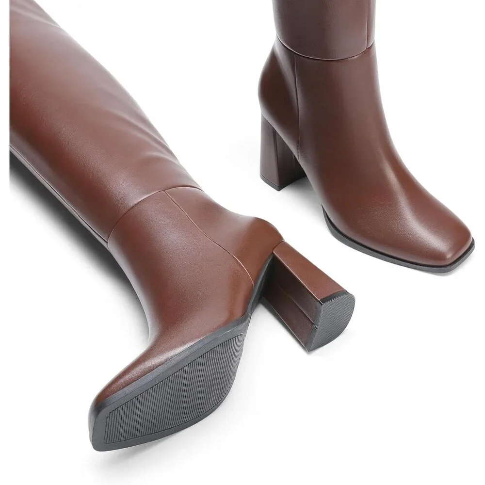 Women's Brown Faux Leather Thigh High Block Chunky Heeled Knee High Long Boots
